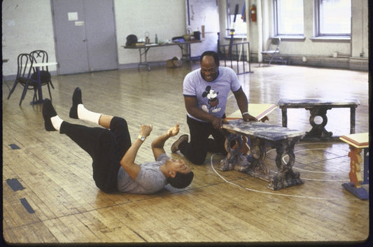 Actors (L-R) Gregory Hines and John Amos in a rehearsal shot from the New York Shakespeare Festival production of the play "Twelfth Night" at the Delacorte Theater in Central Park. (New York)