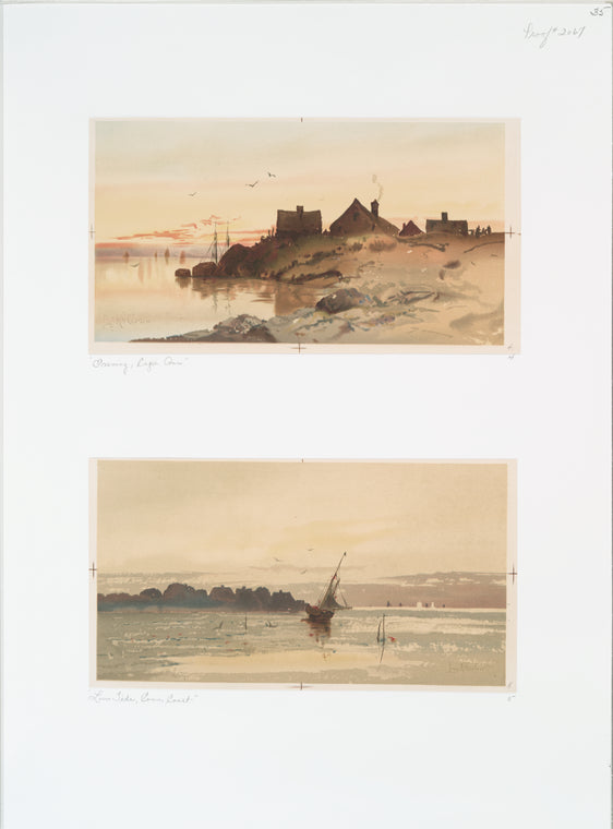 Evening, Cape Ann; Low Tide, Conn. Coast. [Depictions of houses on the shore, boats at sea, birds.]