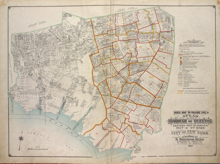 Index map to Volume One A. Atlas of the Borough of Queens Easterly part of Jamaica part of 4th Ward city of New York. Published by E. Belcher Hyde, 5 Beekman St., Manhattan, 97 Liberty St., Brooklyn. 1918.