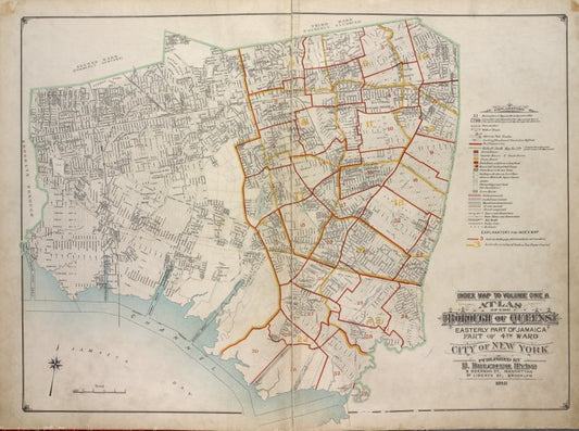 Index map to Volume One A. Atlas of the Borough of Queens Easterly part of Jamaica part of 4th Ward city of New York. Published by E. Belcher Hyde, 5 Beekman St., Manhattan, 97 Liberty St., Brooklyn. 1918.