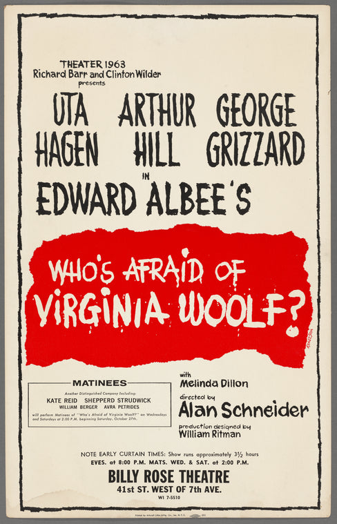 Poster for the stage production Who's Afraid of Virginia Woolf? at the Billy Rose Theatre