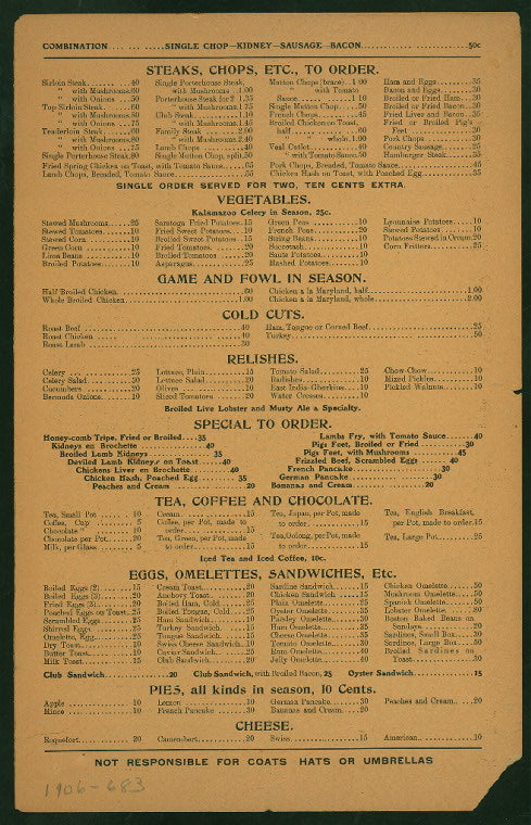 DAILY MENU [held by] WALTON'S OLD HOMESTEAD OYSTER AND CHOP HOUSE [at] "245 EIGHTH AVENUE, NEW YORK" (REST;)