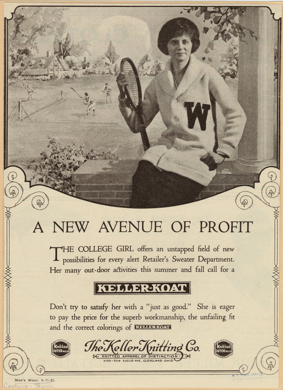 Advertisement for Keller Knitting Co. featuring woman in a sweater with a tennis racket