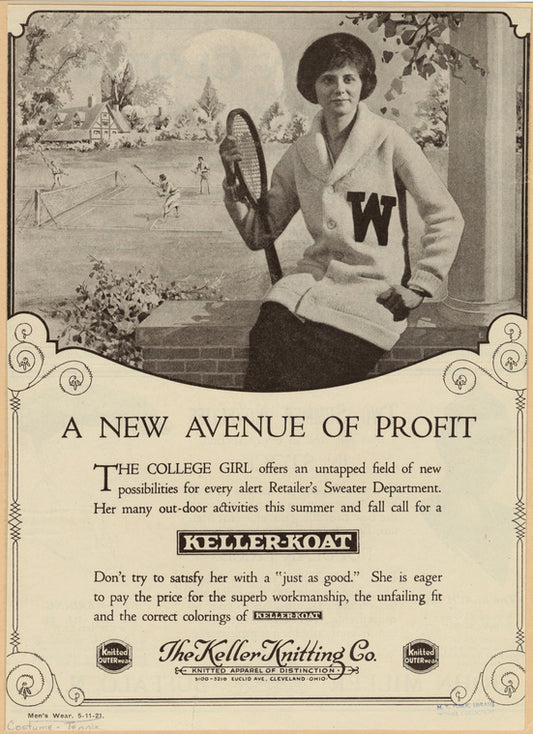 Advertisement for Keller Knitting Co. featuring woman in a sweater with a tennis racket