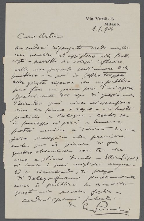 Letter from Giacomo Puccini to Arturo Toscanini, January 1, 1906