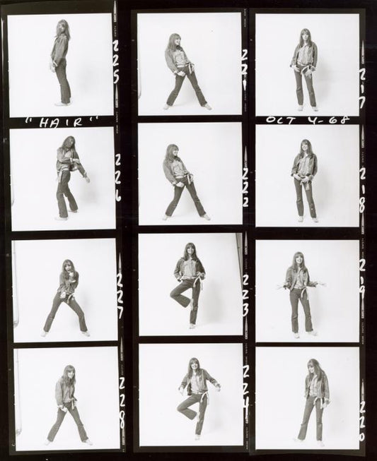 Contact sheet with photos of Diane Keaton in the stage production Hair