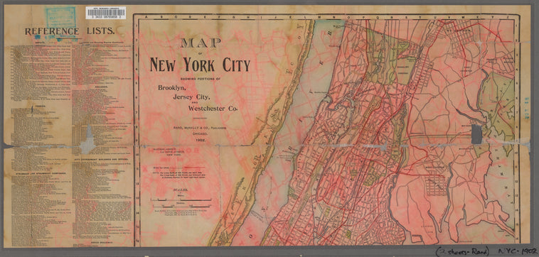 Map of New York City : showing portions of Brooklyn, Jersey City, and Westchester Co. ; Rand, McNally & Co.'s road map of the New York and New Jersey suburbs, showing the boundary lines of the Greater New York with the good roads specially marked