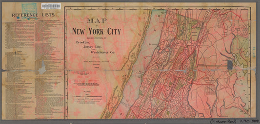 Map of New York City : showing portions of Brooklyn, Jersey City, and Westchester Co. ; Rand, McNally & Co.'s road map of the New York and New Jersey suburbs, showing the boundary lines of the Greater New York with the good roads specially marked