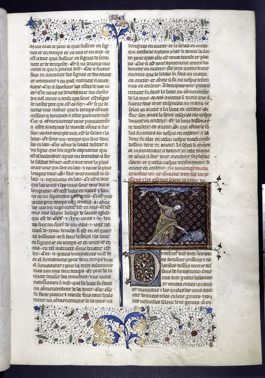 Miniature of God placing birds in the air and fish in the sea.  Partial border design, six-line initial, rubric