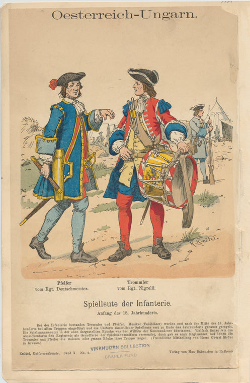 Oesterreich-Ungarn. Spielleute der Infanterie: Pfeifer vom Rgt. Deutschmeister. Trommler vom Rgt. Nigrelli. Anfang des 18. Jahrhunderts