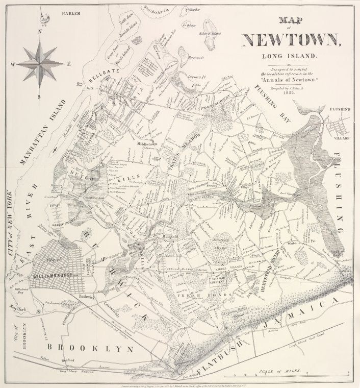 Map of Newtown, Long Island : designed to exhibit the localities referred to in the "Annals of Newtown" ; compiled by J. Riker, Jr., 1852.