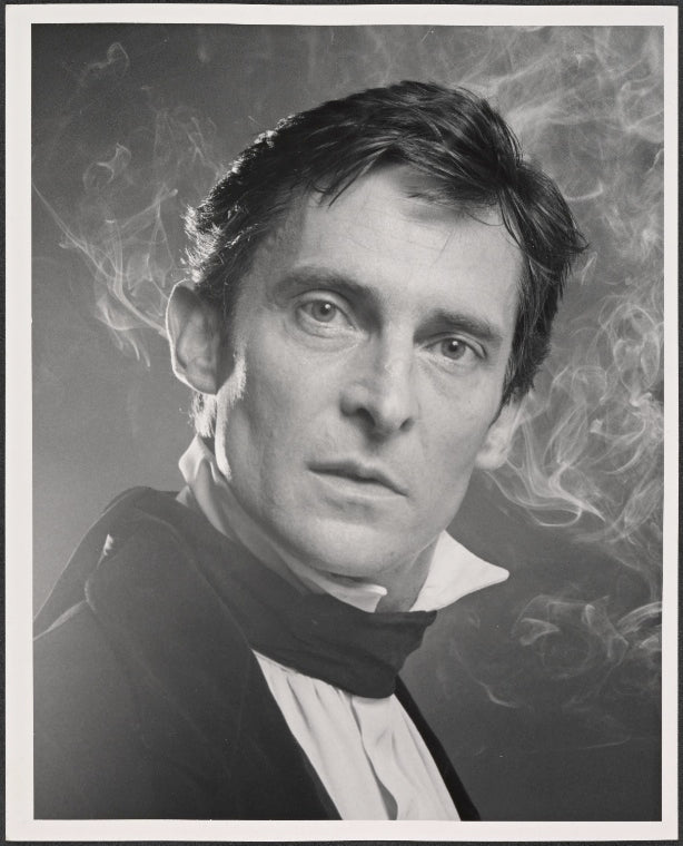 Jeremy Brett in publicity photo for the touring stage production of the 1977-80 revival of Dracula, sets by Edward Gorey