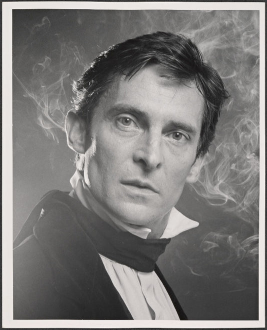 Jeremy Brett in publicity photo for the touring stage production of the 1977-80 revival of Dracula, sets by Edward Gorey