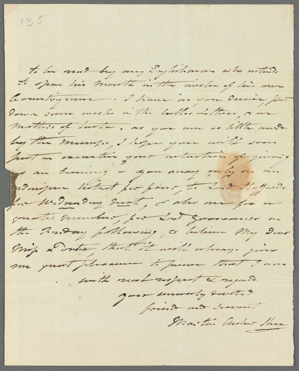 Martin Archer Shee to Miss Porter, autograph letter signed (incomplete)