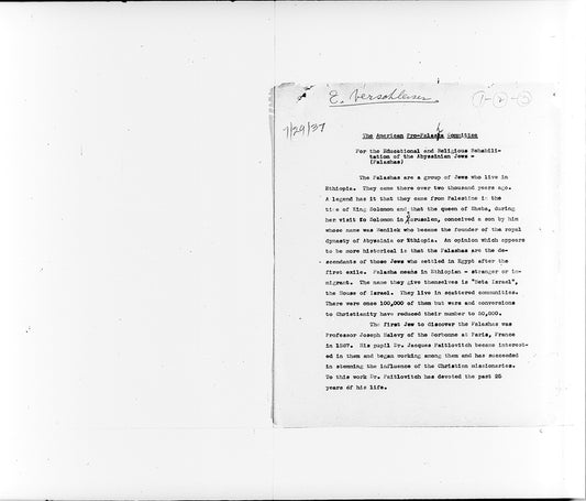 "The American Pro-Falasha Committee for the Educational and Religious Rehabilitation of the Abyssinian Jews - (Falashas)"