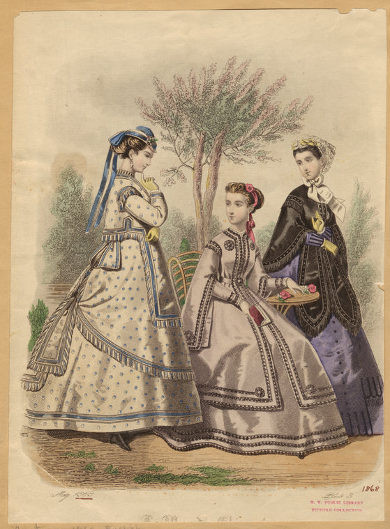 Women in dresses outdoors, England, 1868
