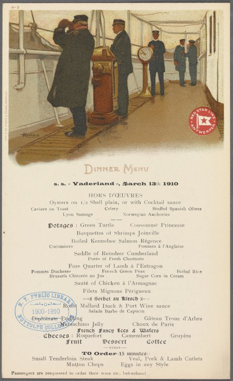 Dinner Menu, S.S. "Vaderland"