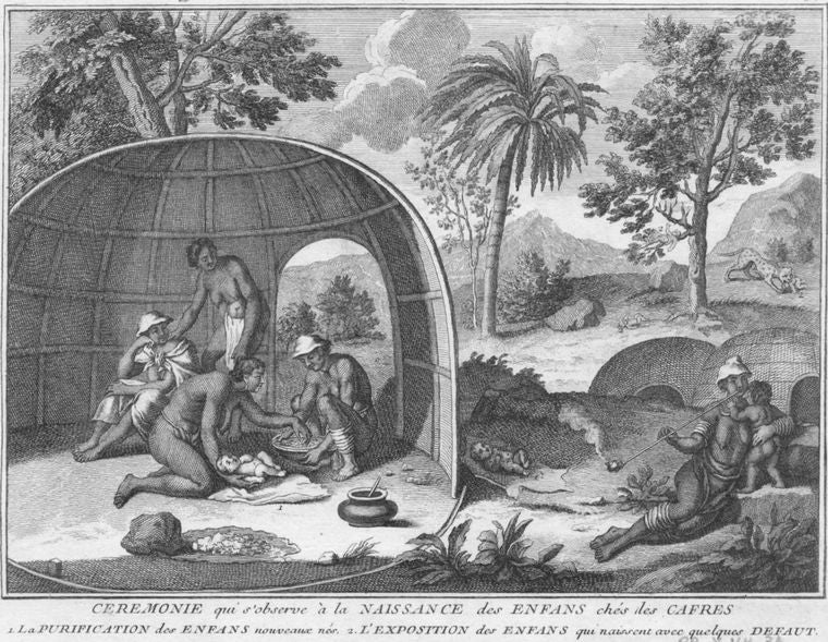 Ceremonie qui s'observe à la naissance des enfans chés les cafres 1. la purification des enfans nouveaux nés 2. l'exposition des enfans qui naissent avec quelques defaut.