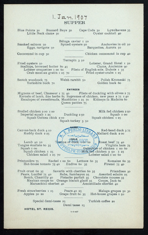 DAILY MENU, SUPPER [held by] HOTEL ST. REGIS [at] "NEW YORK, NY" (HOTEL;)