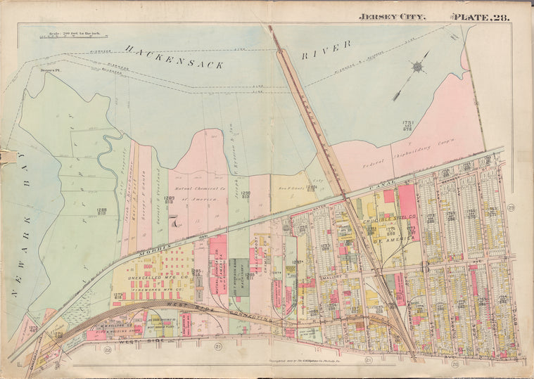 Jersey City, V. 1, Double Page Plate No. 28 [Map bounded by Hackensack River, Boyd Ave., West Side Ave., Newark Bay]