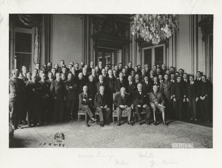 The American Commission to negotiate Peace delegates. (Photo taken at the Hotel Crillon. Paris, June 25, 1919)
