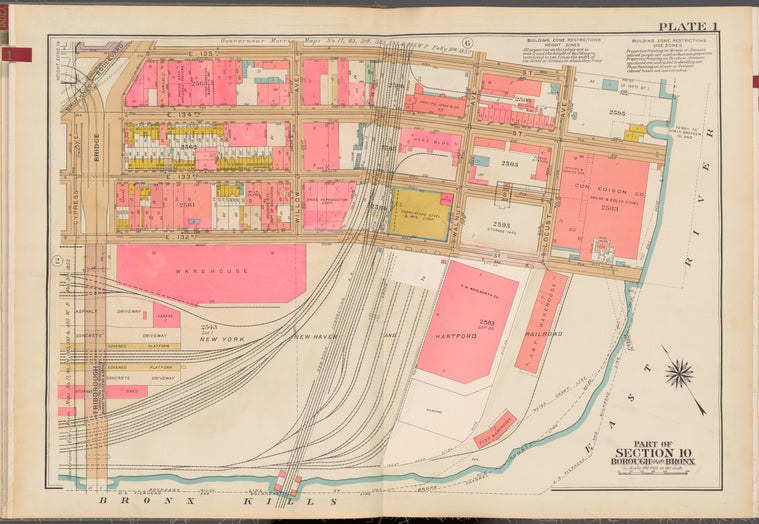 Double Page Plate No. 1, Part of Section 10, Borough of the Bronx: [Bounded by Bruckner Boulevard, E.135th Street, (East River) Locust Avenue, (Bronx Kills) E. 132nd Street, Cypress Avenue and Triborough Bridge]