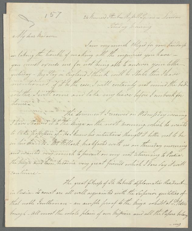 Saith Satoore to Jane Porter, autograph letter signed