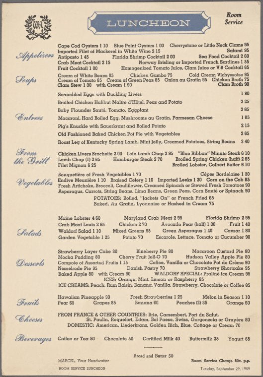 Tuesday room service luncheon menu, The Waldorf-Astoria