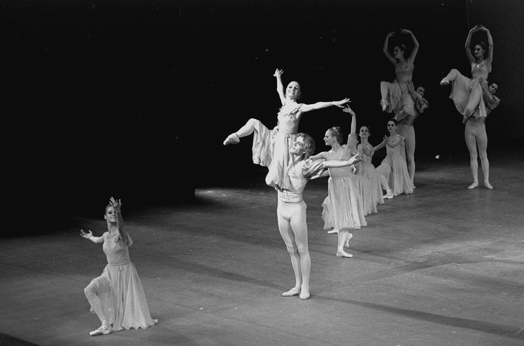 New York City Ballet production of "Tchaikovsky Concerto No. 2" with Patricia McBride and Peter Martins, Merrill Ashley kneeling, choreography by George Balanchine (New York)