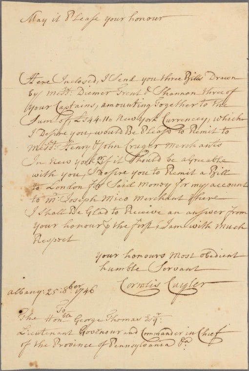 Letter to George Thomas, Lieutenant-Governor and Commander-in-Chief of the Province of Pennsylvania