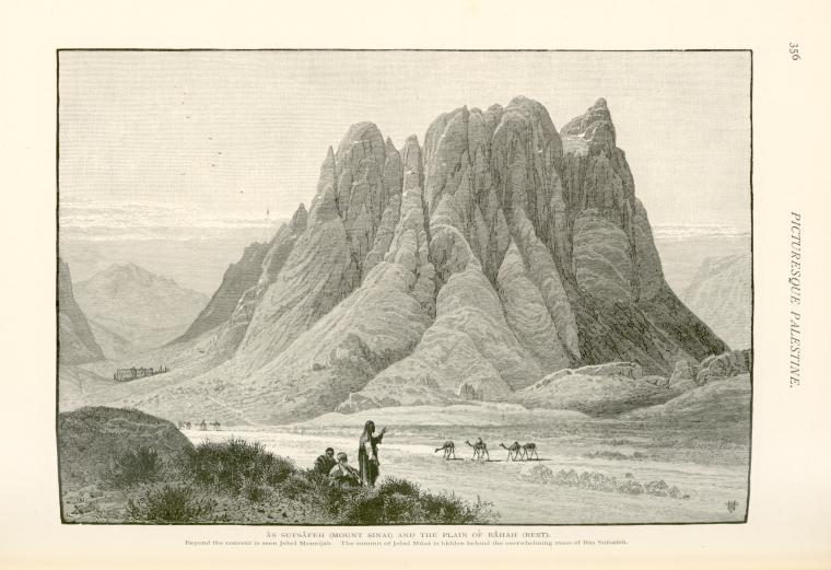 Âs Sufsâfeh (Mount Sinai) and the plain of Râhah (Rest).  Beyond the convent is seen Jebel Moneijâh. The summit of Jebel Músa is hidden behind the overwelming mass of Râs Sufsâfeh.