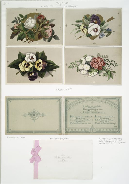 Christmas cards and Valentines with flowers and poems.