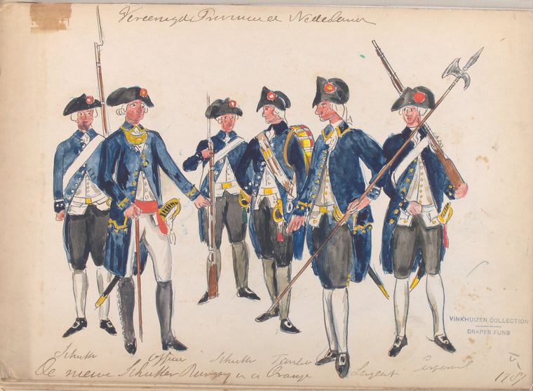 De nieuwe Schutter Burgerij van de Oranje: Schutter, Officier, Schutter, Tamboer, Sergeant, Corporaal. 1787