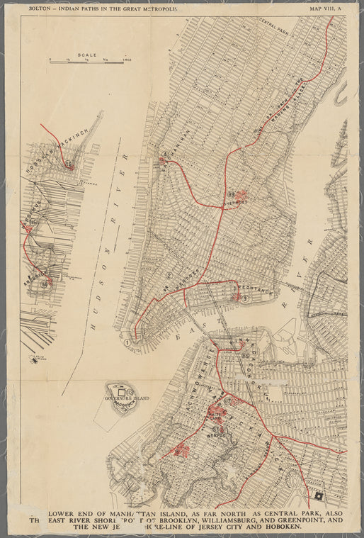 The lower end of Manhattan Island, as far north as Central Park, also the East River shorefront of Brooklyn, Williamsburg, and Greenpoint, and the New Jersey shoreline of Jersey City and Hoboken