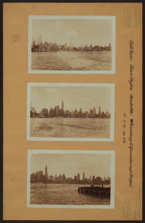 East River - Shore and skyline of Manhattan between East 40th and 53rd Streets - Williamsburg and Queensborough Bridges.