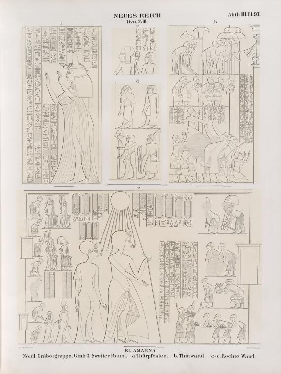 Neues Reich. Dynastie XVIII.  El Amarna [Tell el-Amarna]. Nördliche Gräbergruppe. Grab 3. Zweiter Raum: a. Thürwand;  c - e  rechte Wand.