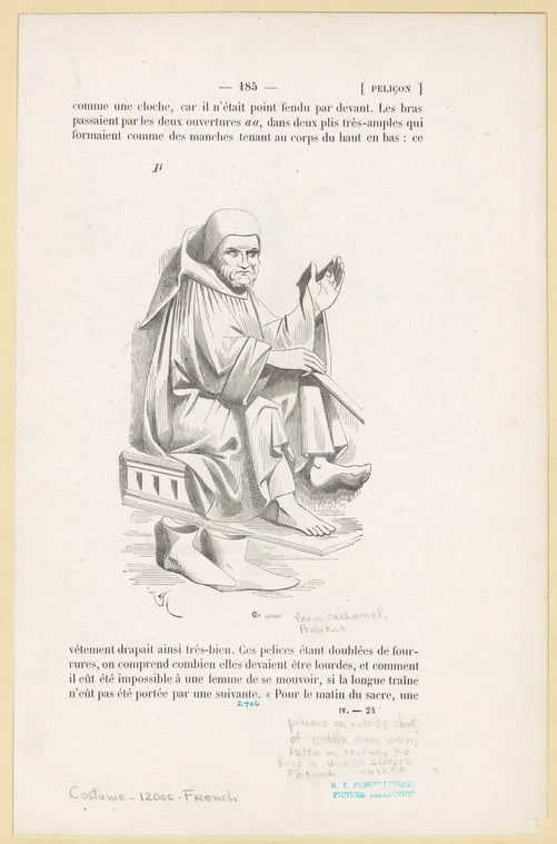 Pelisse or outside cloak of middle class man; later in century no hood & wider sleeves, French, ca. 1240