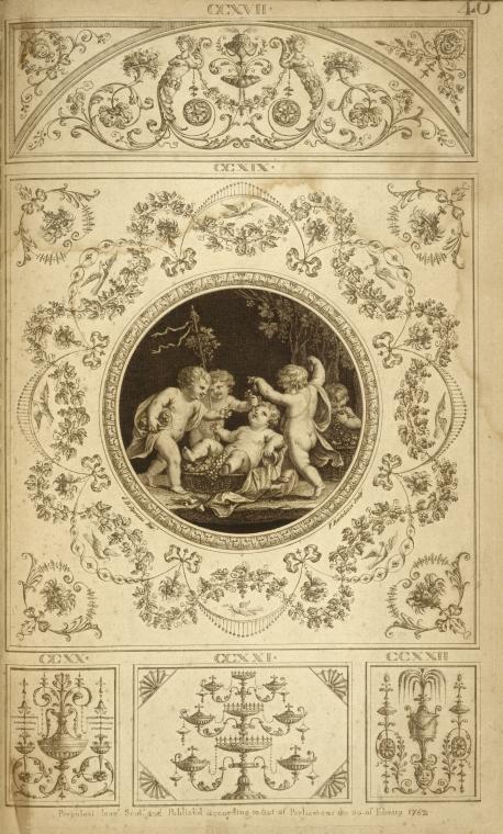 Central design of four cherubs eating grapes