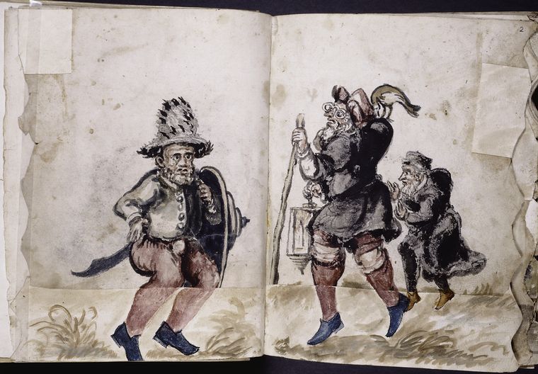 Man with sword and shield, man with cane and lantern, and man in black coat