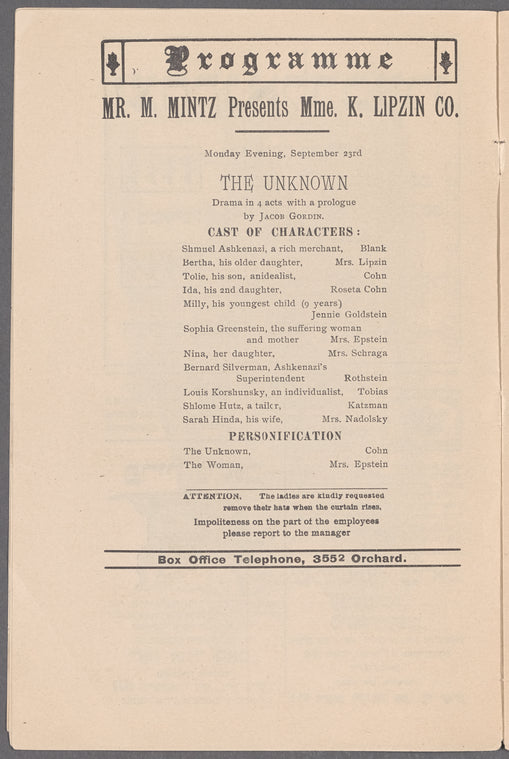 Der unbeḳanṭer : simbolishe drama in 4 aḳṭen miṭ a prolog: drama in 4 acts with a prologue, by Jacob Gordin