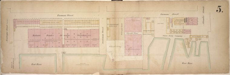 Double Page Plate No. 5; [Map boounded by Montague St. (Raised), Furman St., Atlantic St.; Including East River, Joralemon St., Ferry To Wall St. New York]