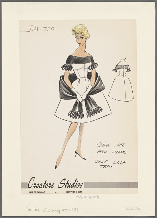 Wide knee-length white dress with Sabrina neckline, black satin yoke and matching stole, both with looped trim