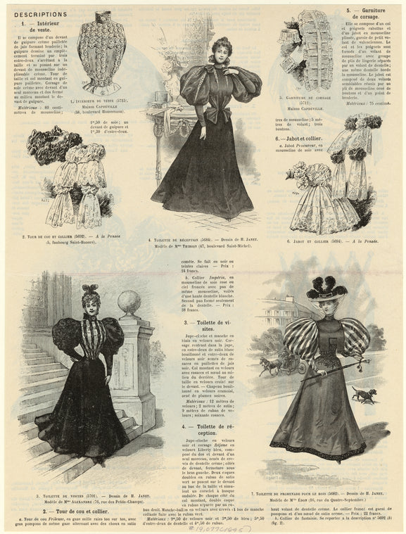 Intérieur de veste ; Garniture de corsage ; Tour de cou et collier ; Toilette de réception ; Jabot et collier ; Toilette de visites ; Toilette de promenade pour le bois