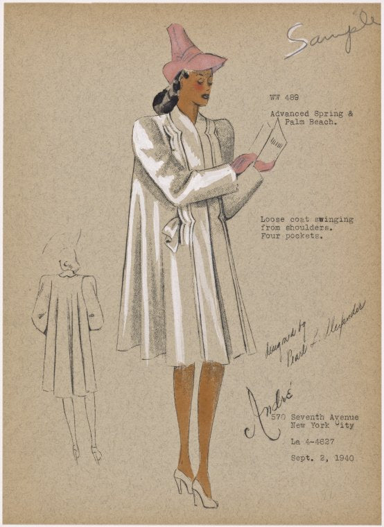 Loose coat swinging from shoulders.