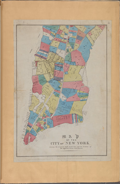 Map of the City of New York showing the original high water line and the location of different Farms and Estates
