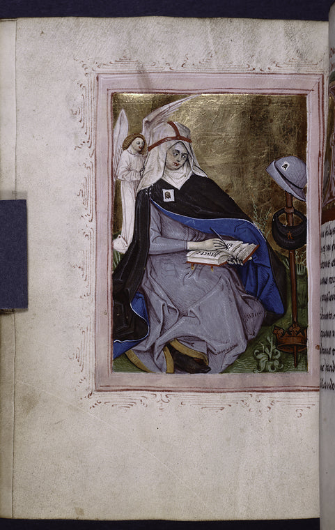 Full page miniature of St. Brigit of Sweden and her attributes