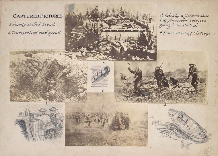 Captured pictures : Heavily shelled trench ; Transporting dead by rail ; Taken by a German showing American soldier going over the top ; Kaiser reviewing his troops.