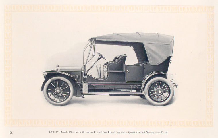 18 h.p. double Phaeton with canvas cape cart hood (up) and adjustable wind screen over dash.