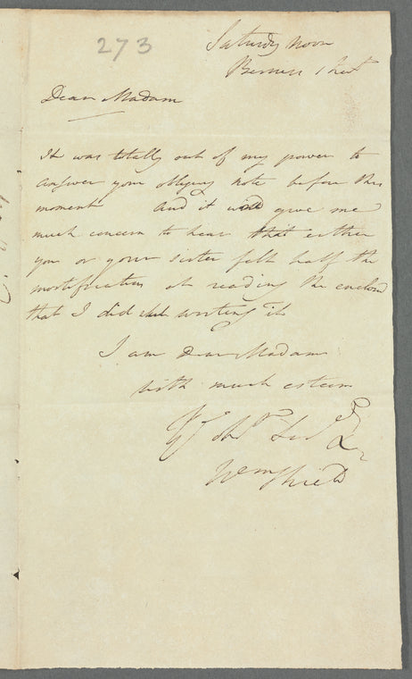 William Shield to Jane Porter, autograph letter signed