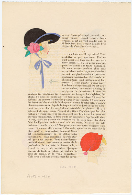 Woman with black hat and flower ; Woman with red bonnet, 1920s